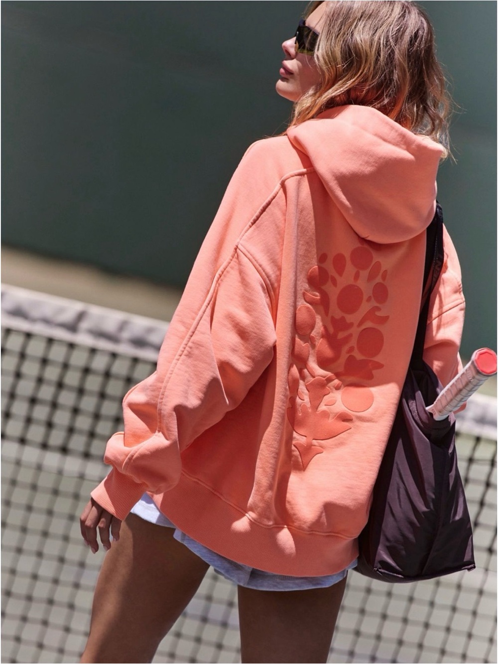 Free people a cut above flocked Buti logo hoodie neon coral